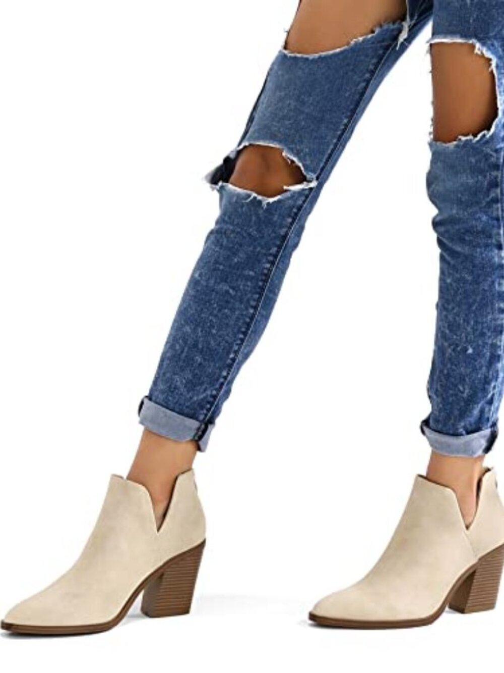 mysoft Women's Ankle Boots Cutout Stacked Chunky Heel Booties with Back Zipper